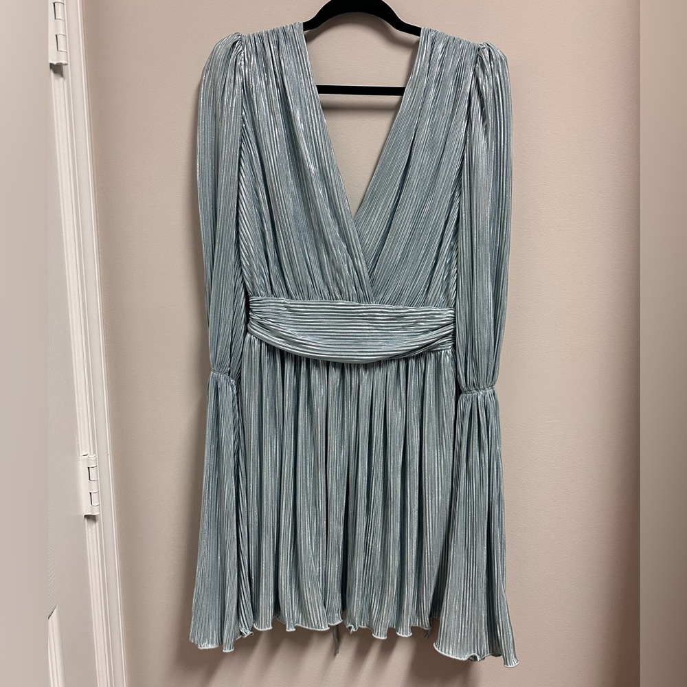 Elegant Vintage Dress Silver V-Neck Ballon sleeves Cinched waist - Size L - Picture 10 of 11